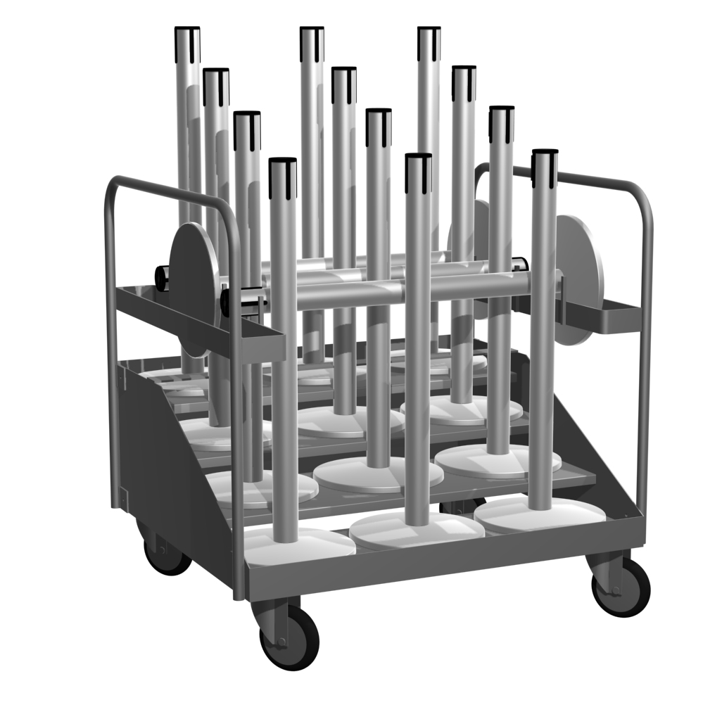 Tensabarrier Post Storage Cart full, Queueway, Lawrence, Tensator